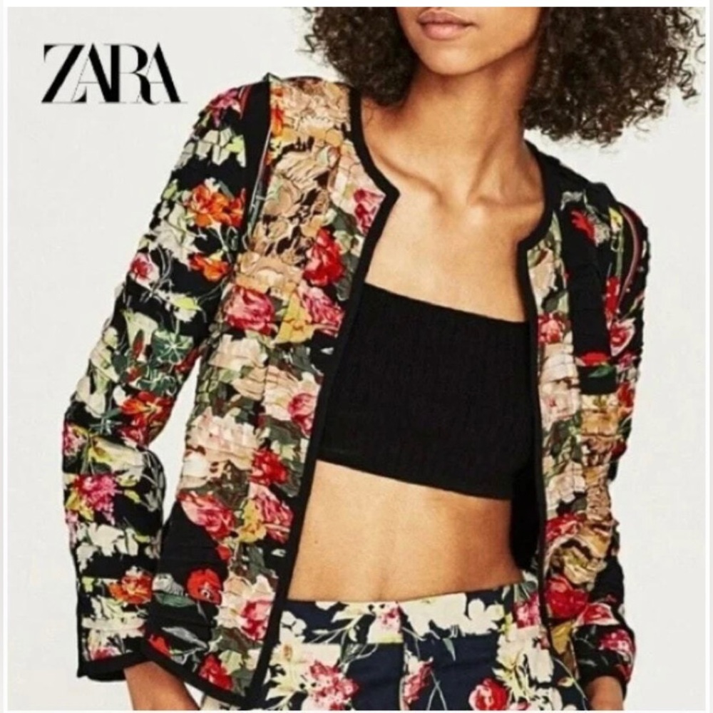Zara Floral Patchwork Black Multicolor Blazer Jacket - Picture 2 of 9